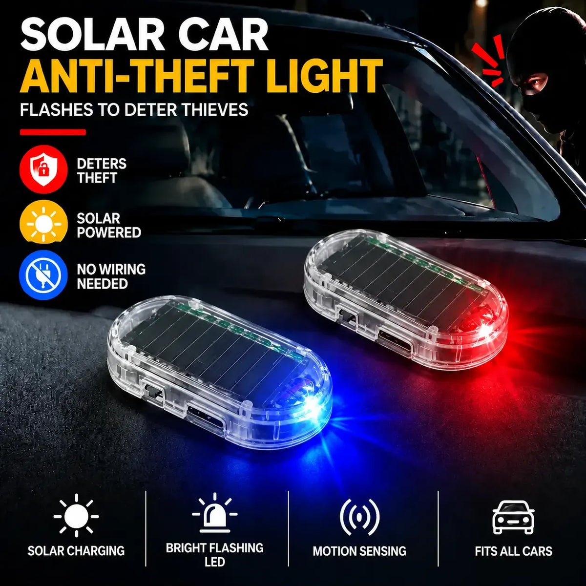 Solar Powered Fake Car Alarm Light, Auto Light Sensor LED Simulated Security Warning Light🚨